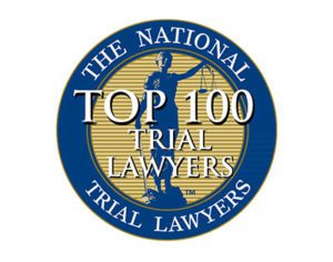 National Top 100 Trial Lawyers badge featuring Lady Justice silhouette with blue and gold circular design and legal award text