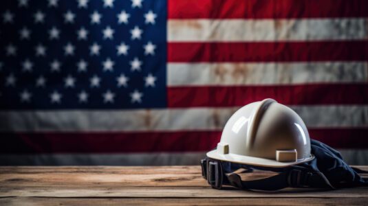Hard hat and safety goggles resting on wood in front of an American flag