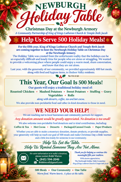 Flyer with text: Newburgh Holiday Table. Help Us Serve 500 Holiday Meals! Christmas Day at the Newburgh Armory