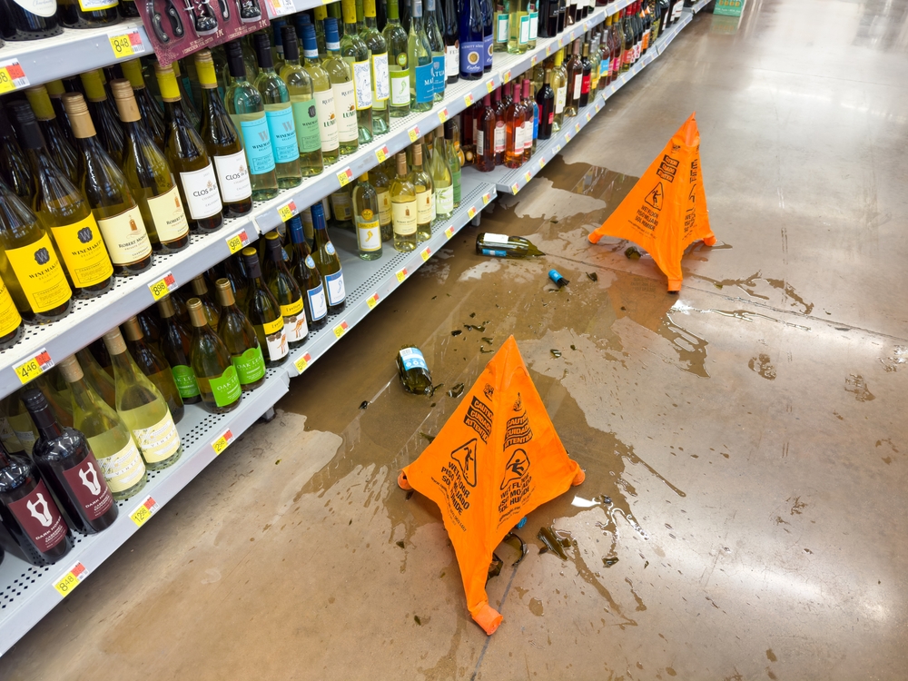 Spilled wine and broken bottles on a store floor next to wine shelves, marked by cones with text: Caution Wet Floor